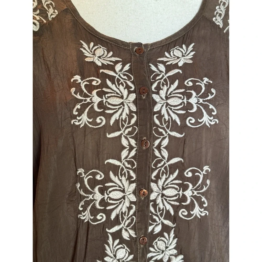 Johnny Was Tunic Size L Brown Embroidered Long Sleeve Boho Feminine Elegant Cali - Picture 4 of 10